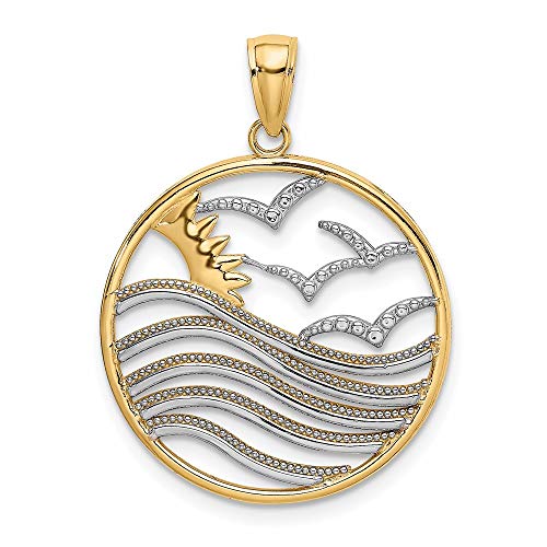 14k Yellow Gold with Rhodium RH Sunset, Water & Seagulls In Found Frame Charm Pendant