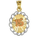 10kt Gold Tri-color DC Womens 15 Anos Oval Ht:20.3mm x W:12.5mm Quinceanera Charm Pendant