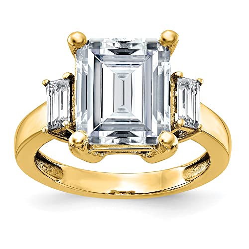14K Yellow Gold 3-Stone Engagement Ring D E F Pure Light Moissanite 3.08 Carat, Ring Size 7