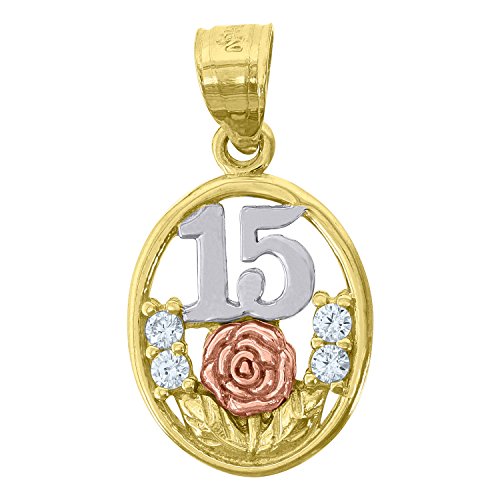 14kt Gold Womens Tri-color CZ 15 Anos Flower Oval Quinceanera Ht:23.2mm Pendant Charm