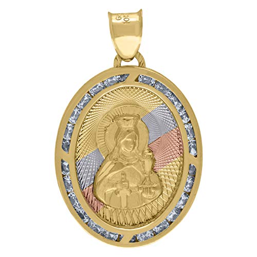 10kt Tri-Color Gold Unisex Cubic Zirconia CZ Saint Barbara Religious Oval Charm Pendant