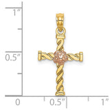 14k Gold Two-tone Twisted Cross with  Flower Charm Pendant