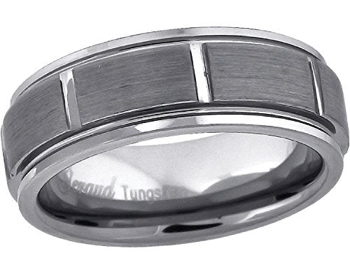 Tungsten Brushed Center Grooved Step Edges Mens Comfort-fit 7mm Size-10.5 Wedding Anniversary Band
