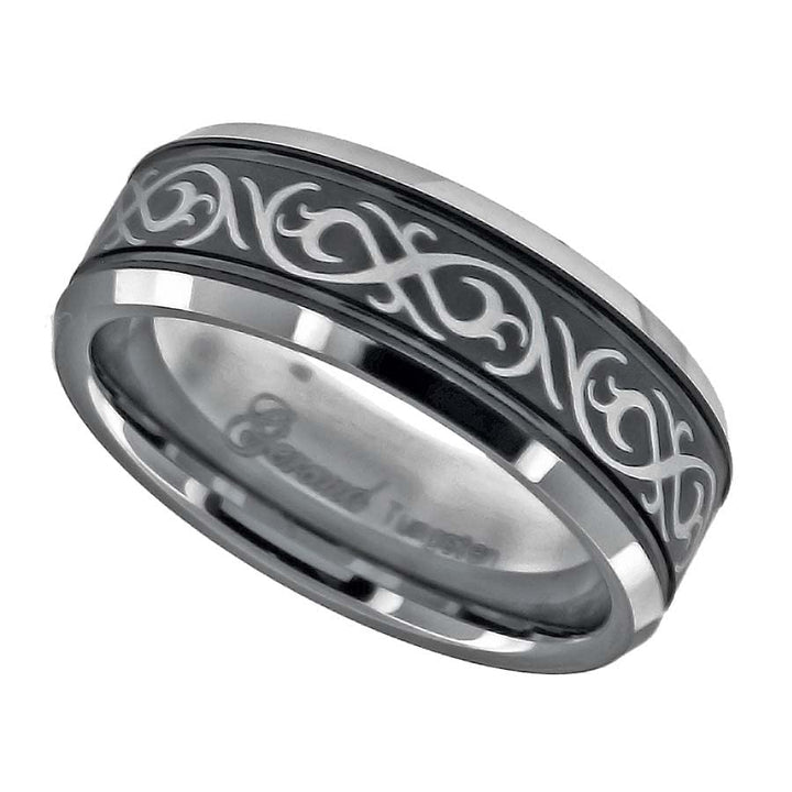 Tungsten Black Laser Engraved Celtic Design with Offset Grooves Mens Comfort-fit 8mm Size-11 Wedding Anniversary Band