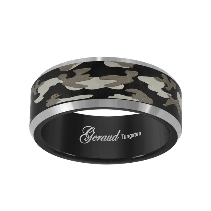 Tungsten Black Camouflage Military Beveled Edge Mens Comfort-fit 8mm Sizes 7 - 14 Wedding Anniversary Band