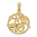 14k Yellow Gold 2-D Shell Cluster In Circle Charm Pendant