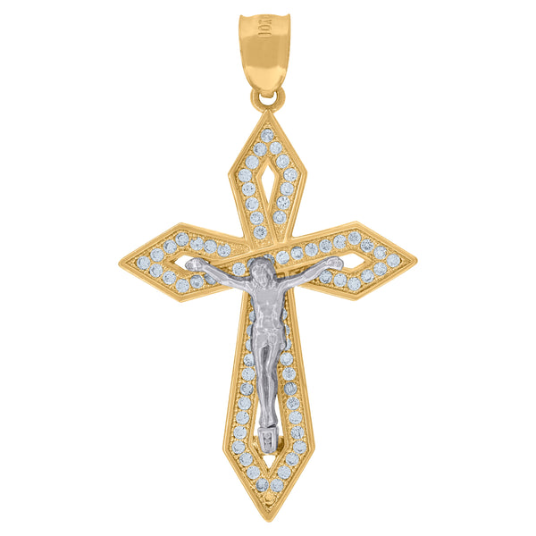 10kt Gold Two-tone CZ Mens Cross Crucifix Ht:47.1mm x W:26.6mm Religious Charm Pendant