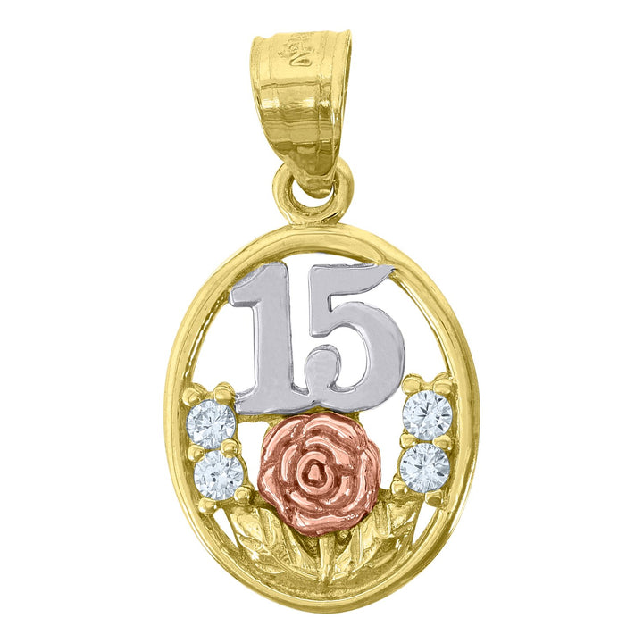 14kt Gold Womens Tri-color CZ 15 Anos Flower Oval Quinceanera Ht:23.2mm Pendant Charm