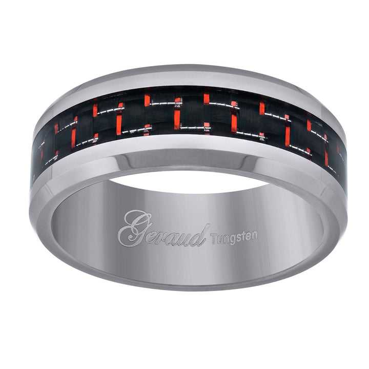 Tungsten Red Carbon Fiber Inlay Polished Beveled Edges Mens Comfort-fit 8mm Size-8.5 Wedding Anniversary Band