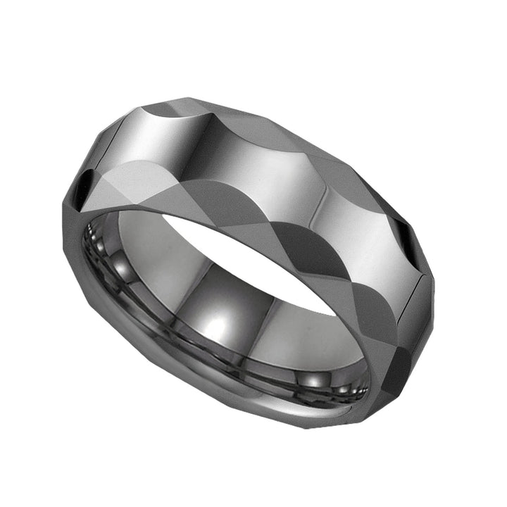 Tungsten Plain Comfort-fit 8mm Size-10 Mens Wedding Band with Faceted Edges