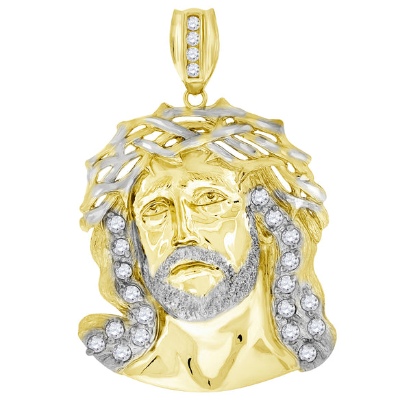 10kt Gold Two-tone CZ Mens Jesus Ht:67.5mm x W:40.5mm Religious Charm Pendant