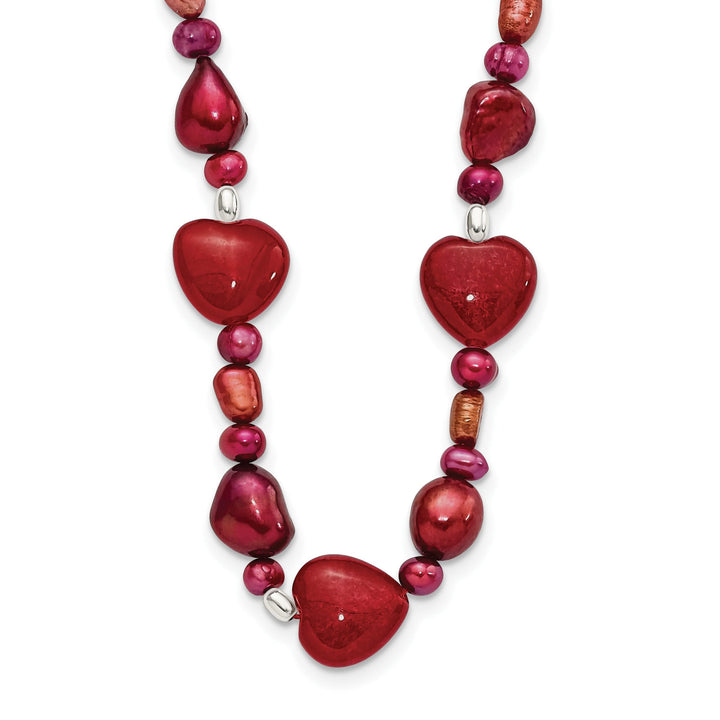925 Sterling Silver Red Jade Hearts, Freshwater Cultured Pearl Necklace 17 Inch