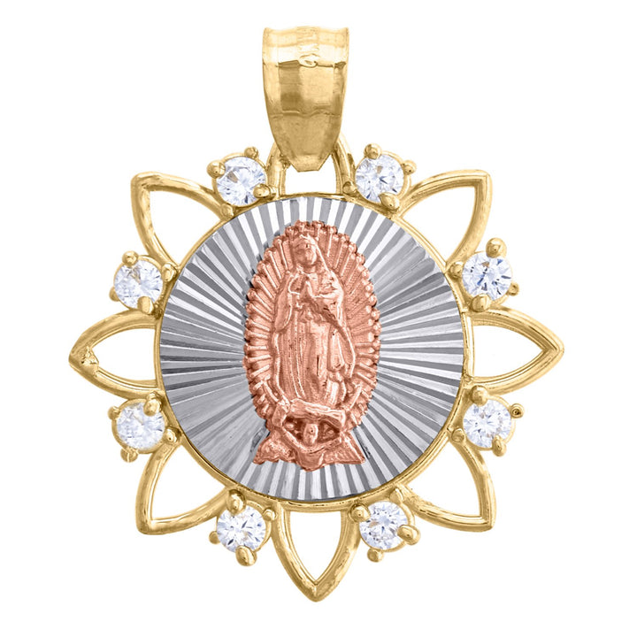 14kt Gold Womens Tri-color CZ Mother Mary Round Ht:25.9mm Religious Pendant Charm
