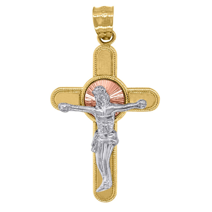 14kt Gold Mens Tri-color Cross Crucifix Ht:36mm Religious Pendant Charm