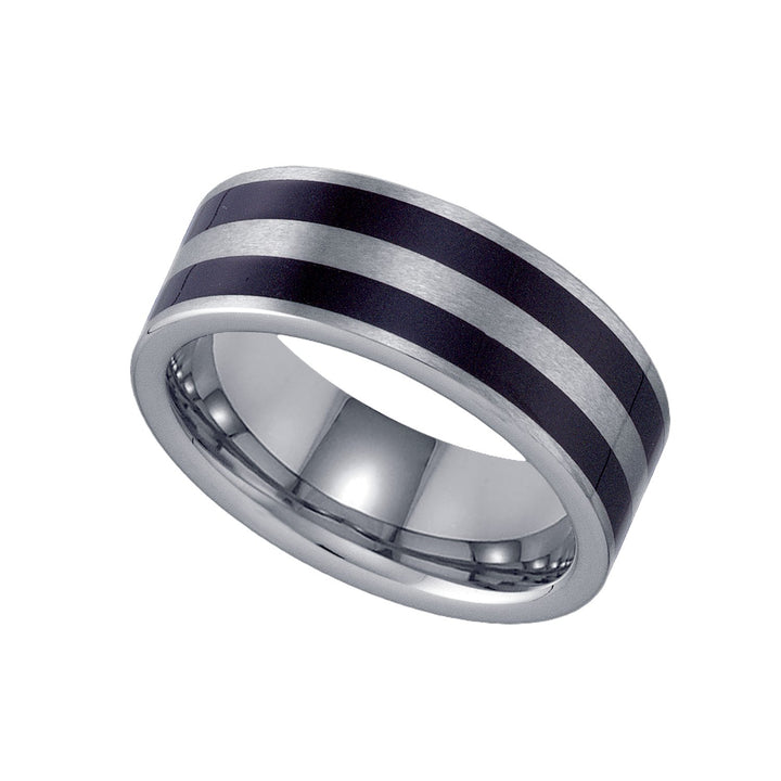 Tungsten Flat Brushed Grey Comfort-fit 8mm Size-12 Mens Wedding Band with Double Black Lines