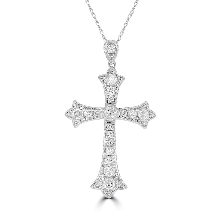 14K White Gold Round Diamond Cross Pendant with 18 inch Chain 0.57 Cttw 18 Stones