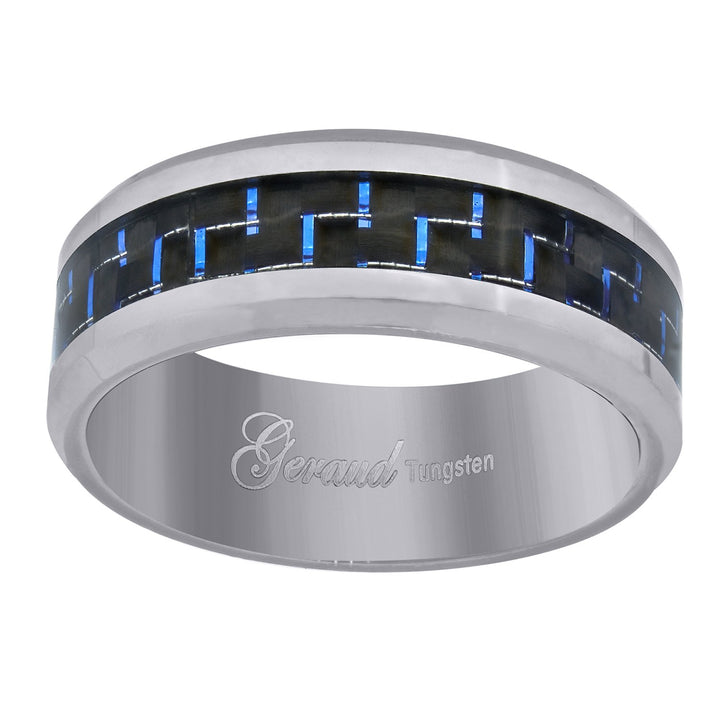 Tungsten Blue Carbon Fiber Inlay Polished Beveled Edges Mens Comfort-fit 8mm Size-14 Wedding Anniversary Band
