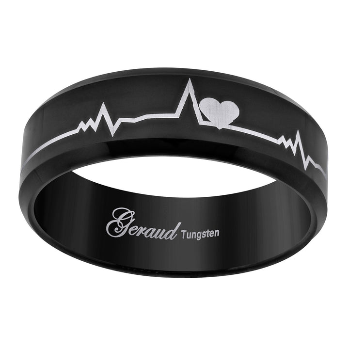 Tungsten Black Heart Beat EKG Comfort-fit 8mm Size-12 Mens Wedding Band