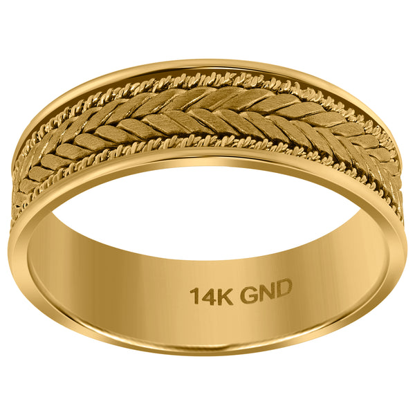 14kt Gold Mens Woven Center Side Double Rope Twisted 6.5mm Wedding Engagement Band Ring