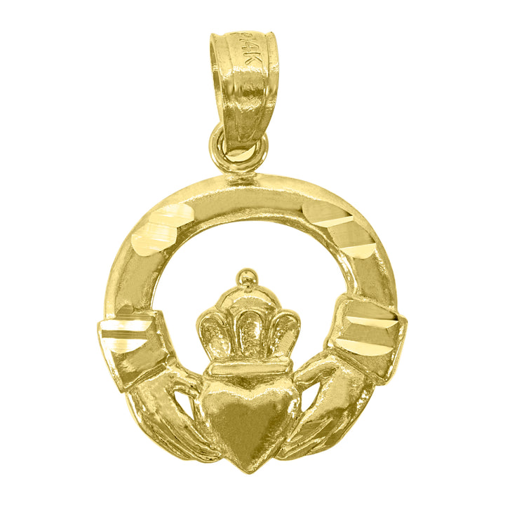 14kt Yellow Gold Unisex DC Circle Heart Crown Hands Claddagh Ht:19.4mm Pendant Charm