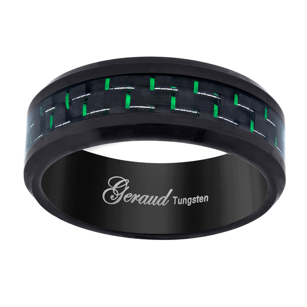 Tungsten Black Green Carbon Fiber Inlay Mens Comfort-fit 8mm Sizes 7 - 14 Wedding Anniversary Band