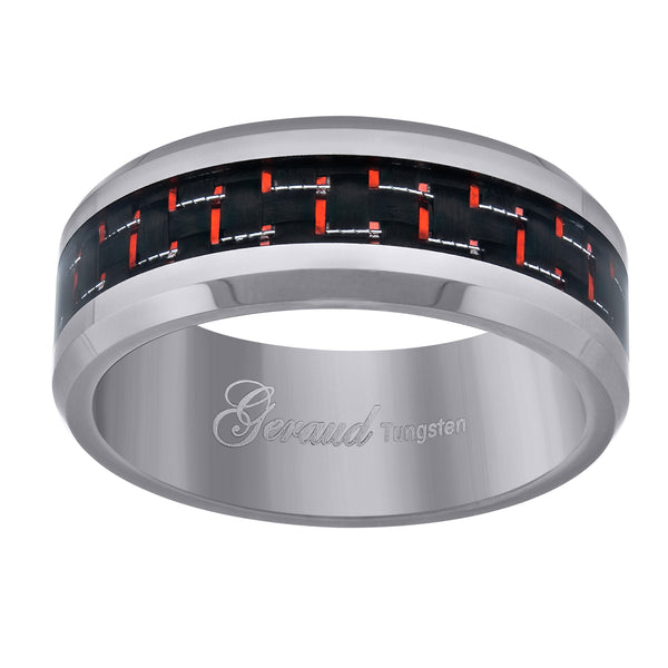 Tungsten Red Carbon Fiber Inlay Polished Beveled Edges Mens Comfort-fit 8mm Size 7 - 14 Wedding Anniversary Band