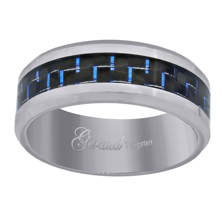 Tungsten Blue Carbon Fiber Inlay Polished Beveled Edges Mens Comfort-fit 8mm Size-9.5 Wedding Anniversary Band