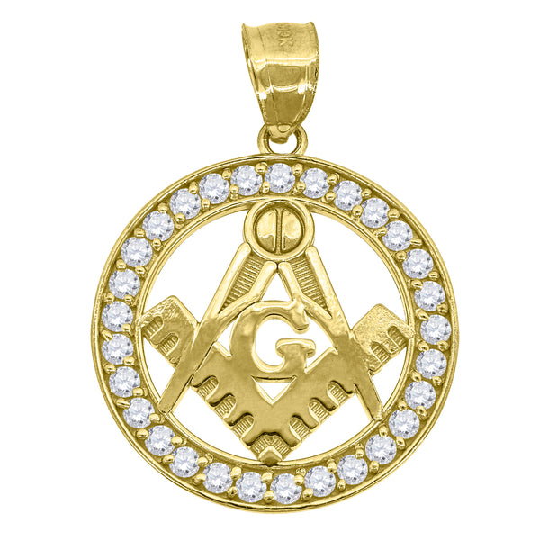 10kt Gold CZ Mens Masonic Ht:31.1mm x W:22.8mm Religious Charm Pendant