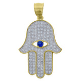 10kt Gold Two-tone CZ Mens Hamsa Blue Stone Eye Ht:36.7mm x W:21mm Religious Charm Pendant