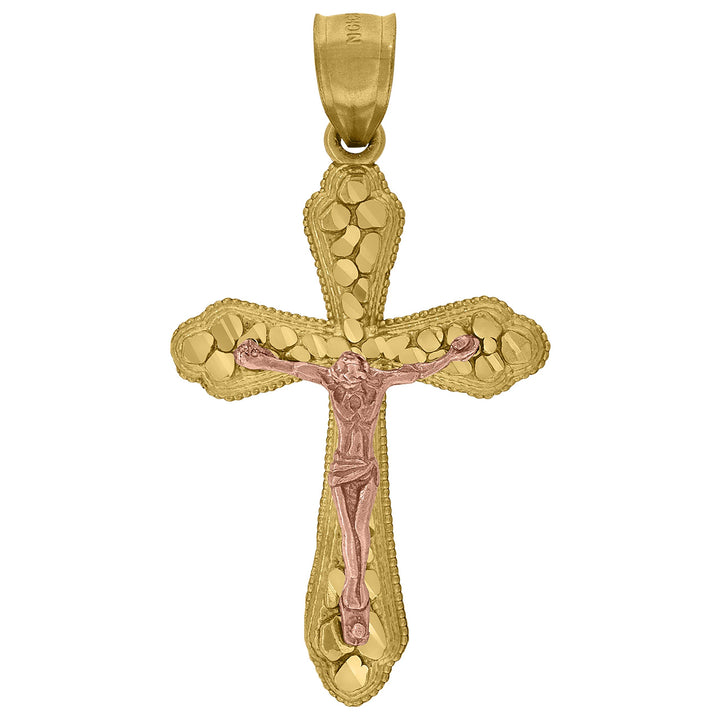 10kt Two-tone Gold Mens Women Nugget Textured Crucifix Cross Religious Charm Pendant