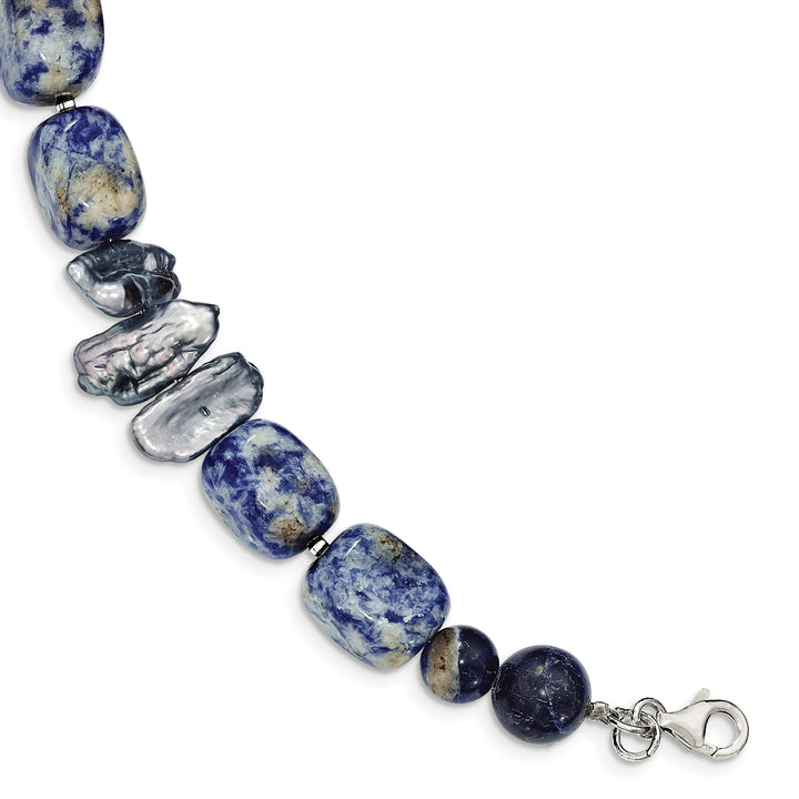925 Sterling Silver Sodalite and Grey Freshwater Cultured Pearl Bracelet