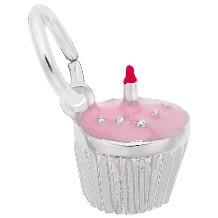 Rembrandt Charms 14K White Gold Cupcake W/Candle & Pink Paint Charm Pendant