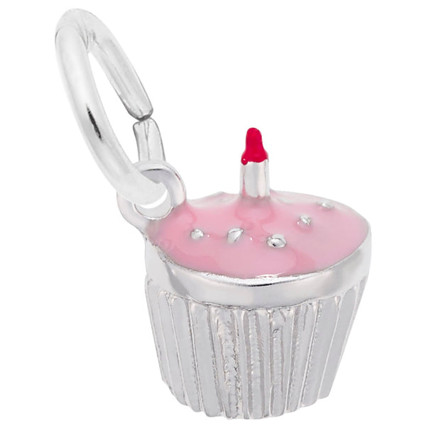 Rembrandt Charms Cupcake W/Candle & Pink Paint Charm Pendant Available in Gold or Sterling Silver