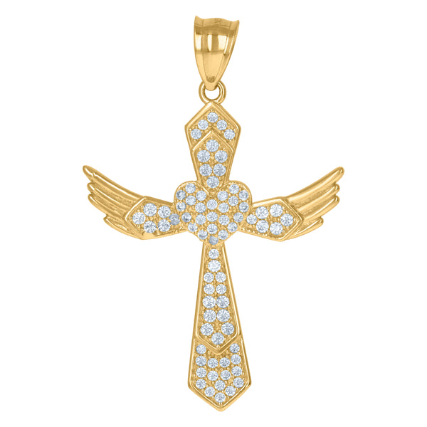 10kt Yellow Gold Mens Women Cubic Zirconia CZ Cluster Heart Cross Religious Charm Pendant