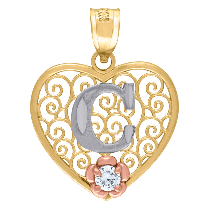 10kt Tri-color Gold Womens Heart Initial C Charm Pendant