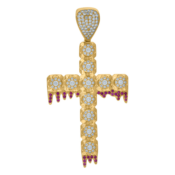 10kt Yellow Gold Unisex Pink Cubic Zirconia CZ Dripping Latin Cross Religious Charm Pendant