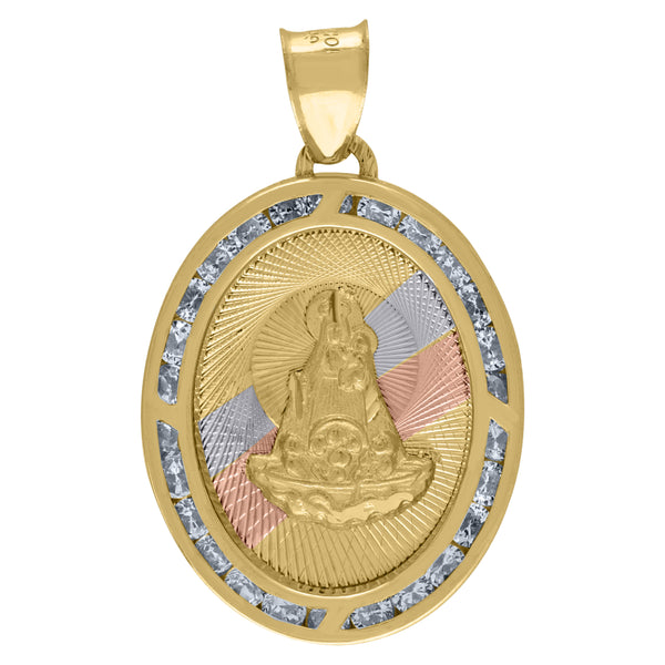 10kt Tri-Color Gold Unisex Cubic Zirconia CZ Lady of Loreto Religious Oval Charm Pendant