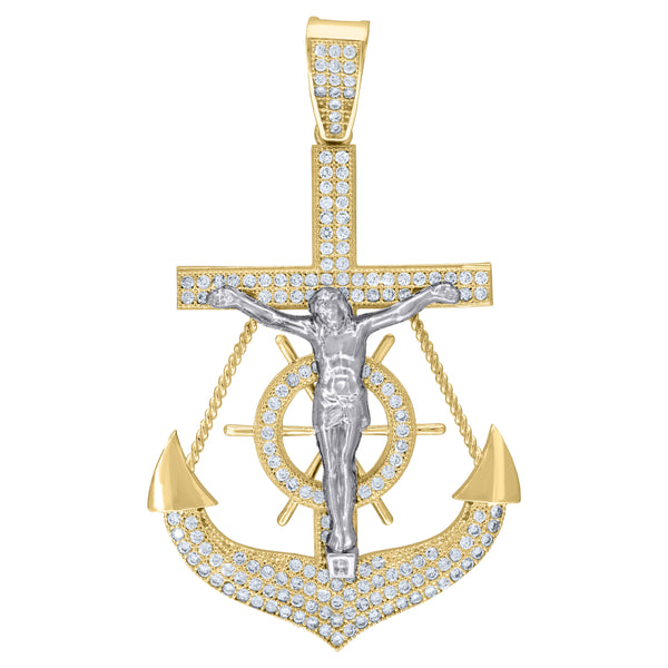 10kt Two-Tone Gold Womens Cubic Zirconia CZ Mariner Crucifix Anchor Cross Religious Charm Pendant