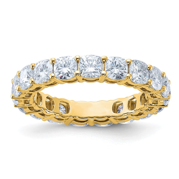 14K Yellow Gold Cushion Eternity D E F Pure Light Moissanite Band Ring 4.18 Carat, Ring Size 6