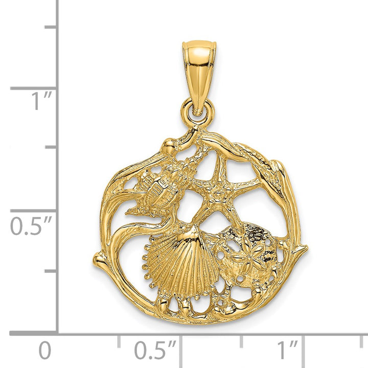14k Yellow Gold 2-D Shell Cluster In Circle Charm Pendant