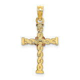 14k Gold Two-tone Twisted Cross with  Flower Charm Pendant