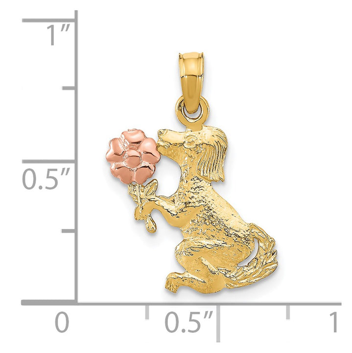 14k Gold Two-tone Dog Holding Flower Charm Pendant