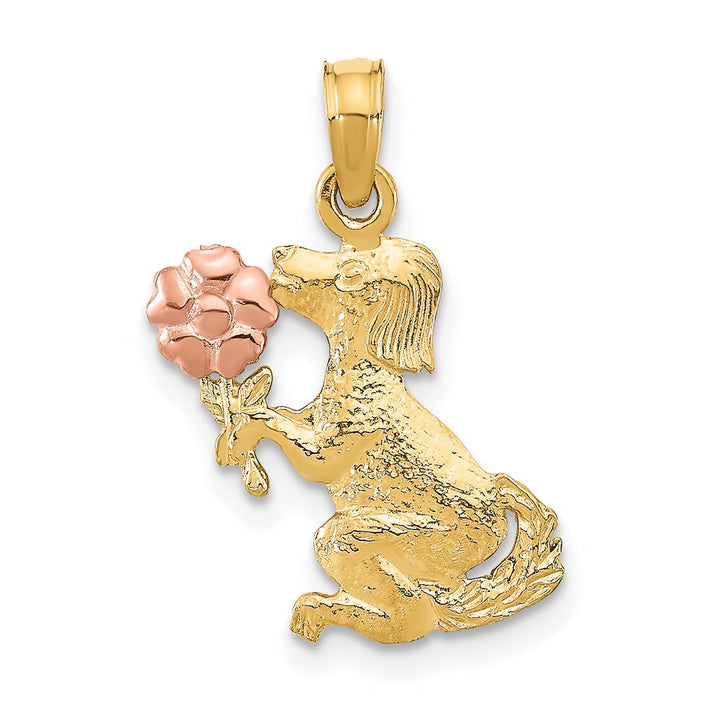 14k Gold Two-tone Dog Holding Flower Charm Pendant