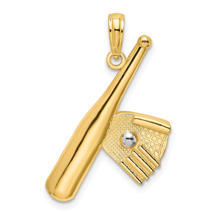 14k Yellow Gold with Rhodium Baseball Bat with RH Ball Charm Pendant