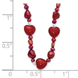 925 Sterling Silver Red Jade Hearts, Freshwater Cultured Pearl Necklace 17 Inch