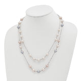 Sterling Silver Rhodium-plated 2 row 7-8 and 8-9mm White, Pink, Purple FWC Pearl Necklace