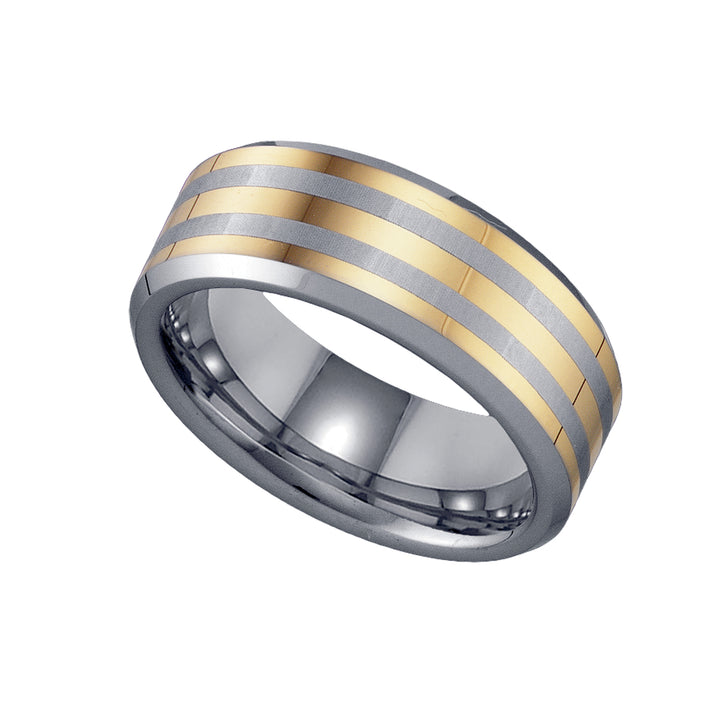 Tungsten Triple Etched Gold-tone Stripes Comfort-fit 8mm Sizes 7 - 14 Mens Wedding Band with Polished Beveled Edges