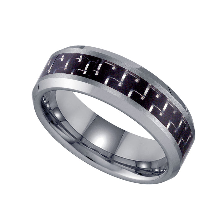 Tungsten Carbon Fiber Inlay Beveled Edges Mens Comfort-fit 8mm Sizes 7 - 14 Wedding Anniversary Band