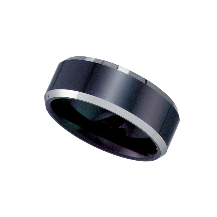 Tungsten Black with Silver-tone Beveled Edges Comfort-fit 8mm Size-8 Mens Wedding Band
