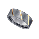 Tungsten Brushed Comfort-Fit 8mm Size-9 Mens Wedding Band with Gold-toned Diagonal Lines